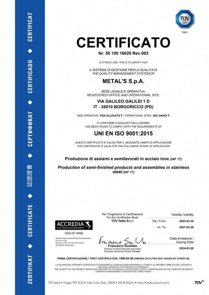 certificazione 50 100 16020 rev 003 ISO 9001